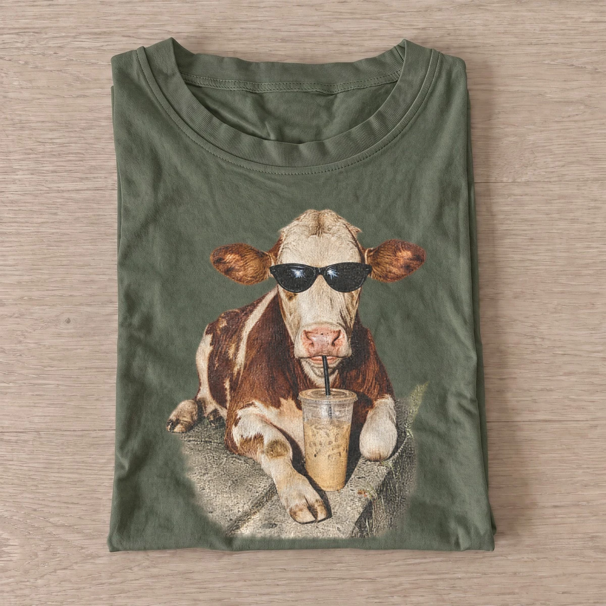 Iced coffee drinking cow t shirt olive20iced coffee cow.webp