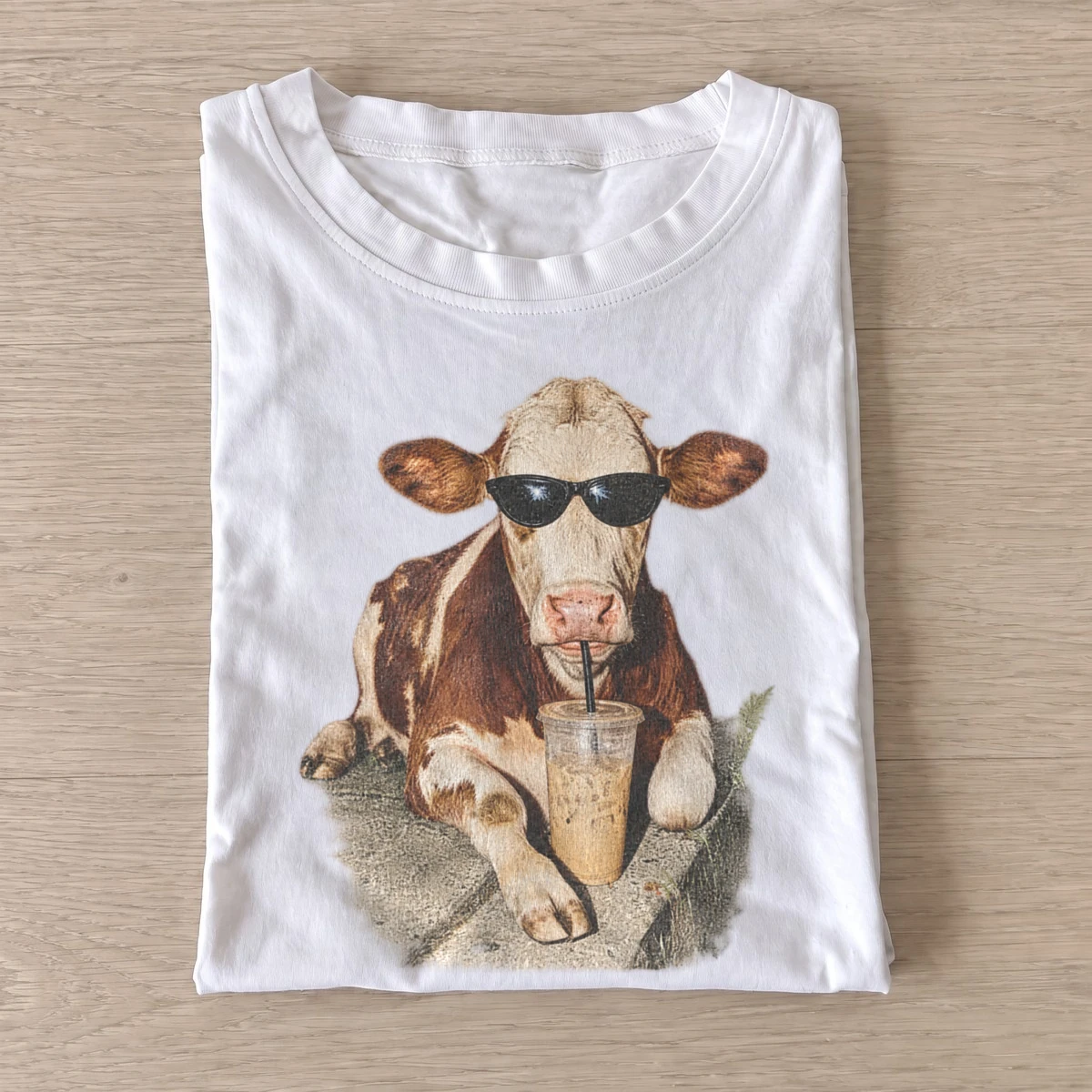 Iced coffee drinking cow t shirt white20iced coffee cow.webp
