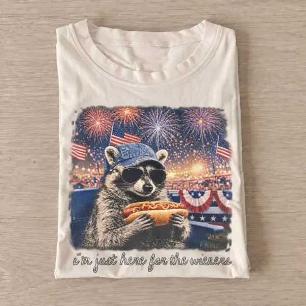 Im just here for the wieners patriotic raccoon t shirt sand20patriotic wiener raccoon.webp
