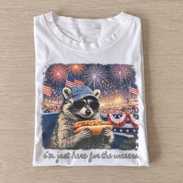 Im just here for the wieners patriotic raccoon t shirt white20patriotic wiener raccoon.webp