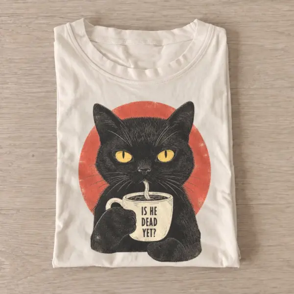 Impatient coffee cat is he dead yet t shirt sand20impatient coffee cat.webp