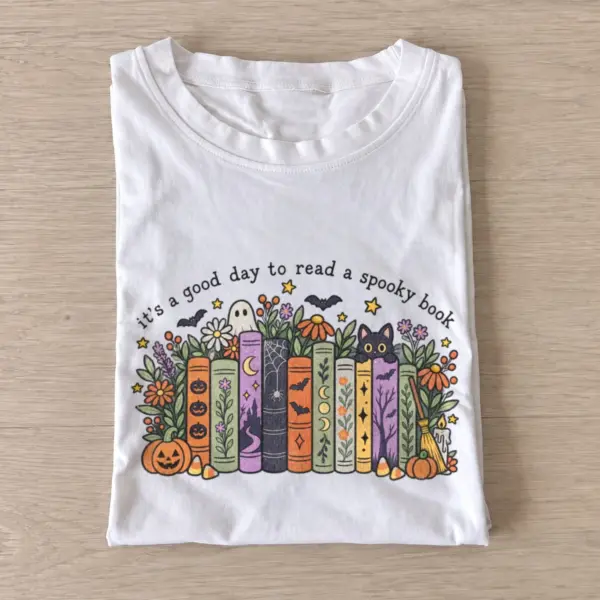 Its a good day to read a spooky book t shirt white20spooky book day.webp