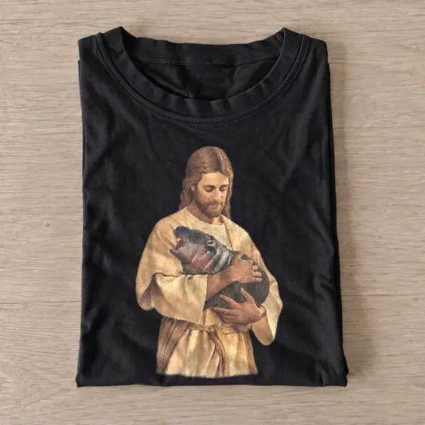 Jesus holding baby hippo t shirt black20jesus and hippo.webp