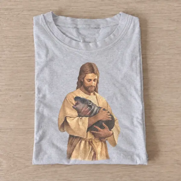 Jesus holding baby hippo t shirt gray20jesus and hippo.webp