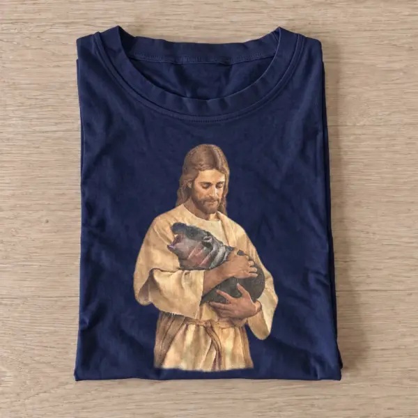 Jesus holding baby hippo t shirt navy20jesus and hippo.webp