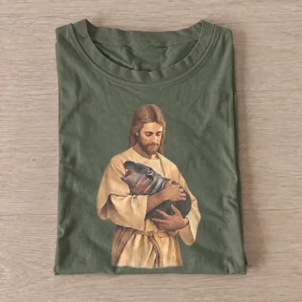 Jesus holding baby hippo t shirt olive20jesus and hippo.webp