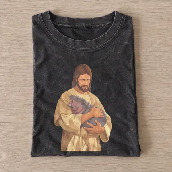 Jesus moo deng vintage t shirt washed20black20jesus moo deng.webp