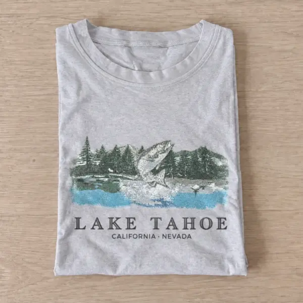 Lake tahoe jumping fish graphic t shirt gray20lake tahoe fish.webp
