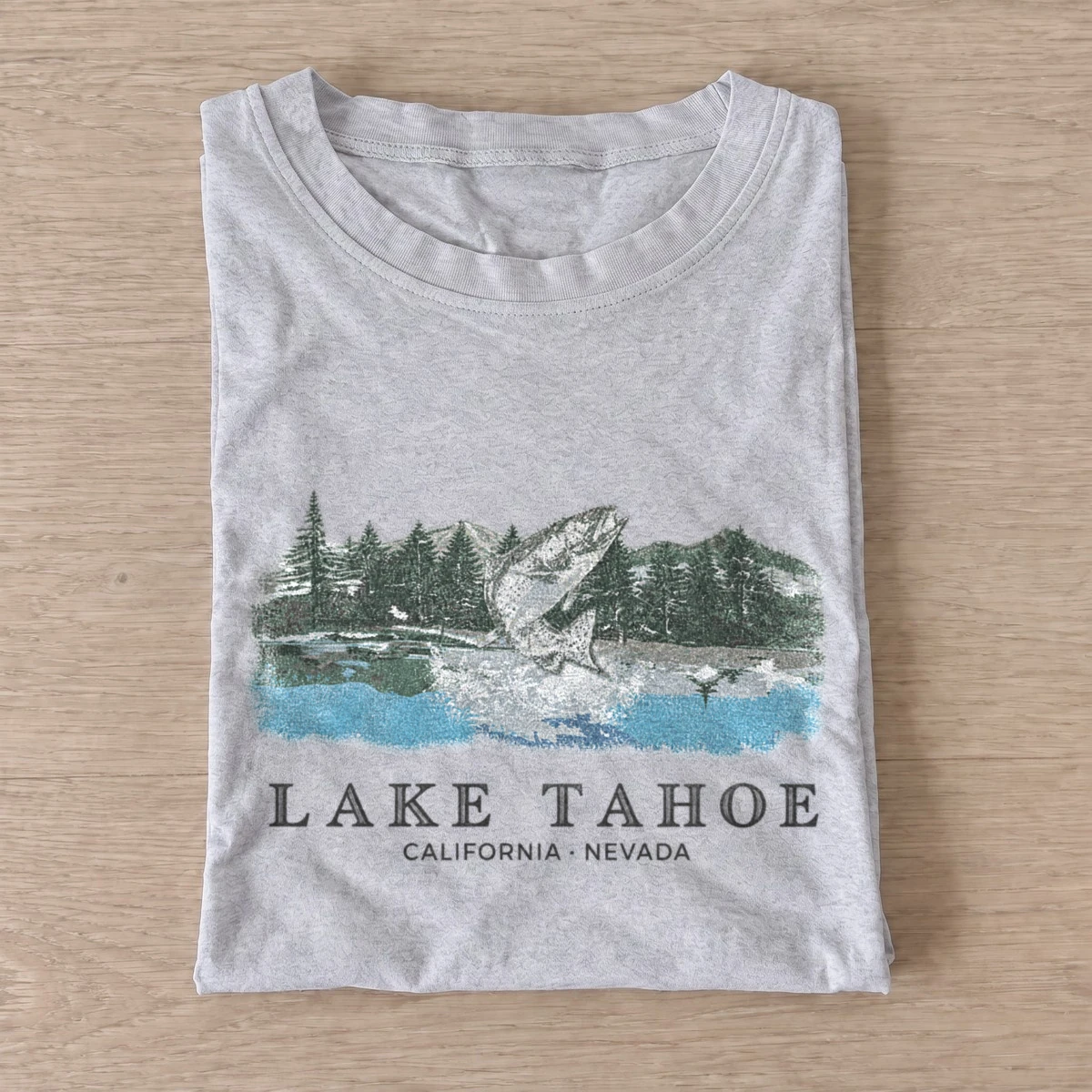 Lake tahoe jumping fish graphic t shirt gray20lake tahoe fish.webp