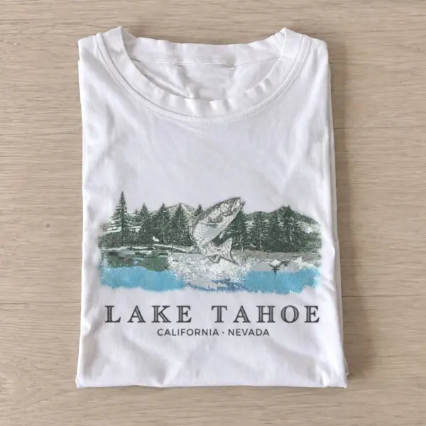 Lake tahoe jumping fish graphic t shirt white20lake tahoe fish.webp