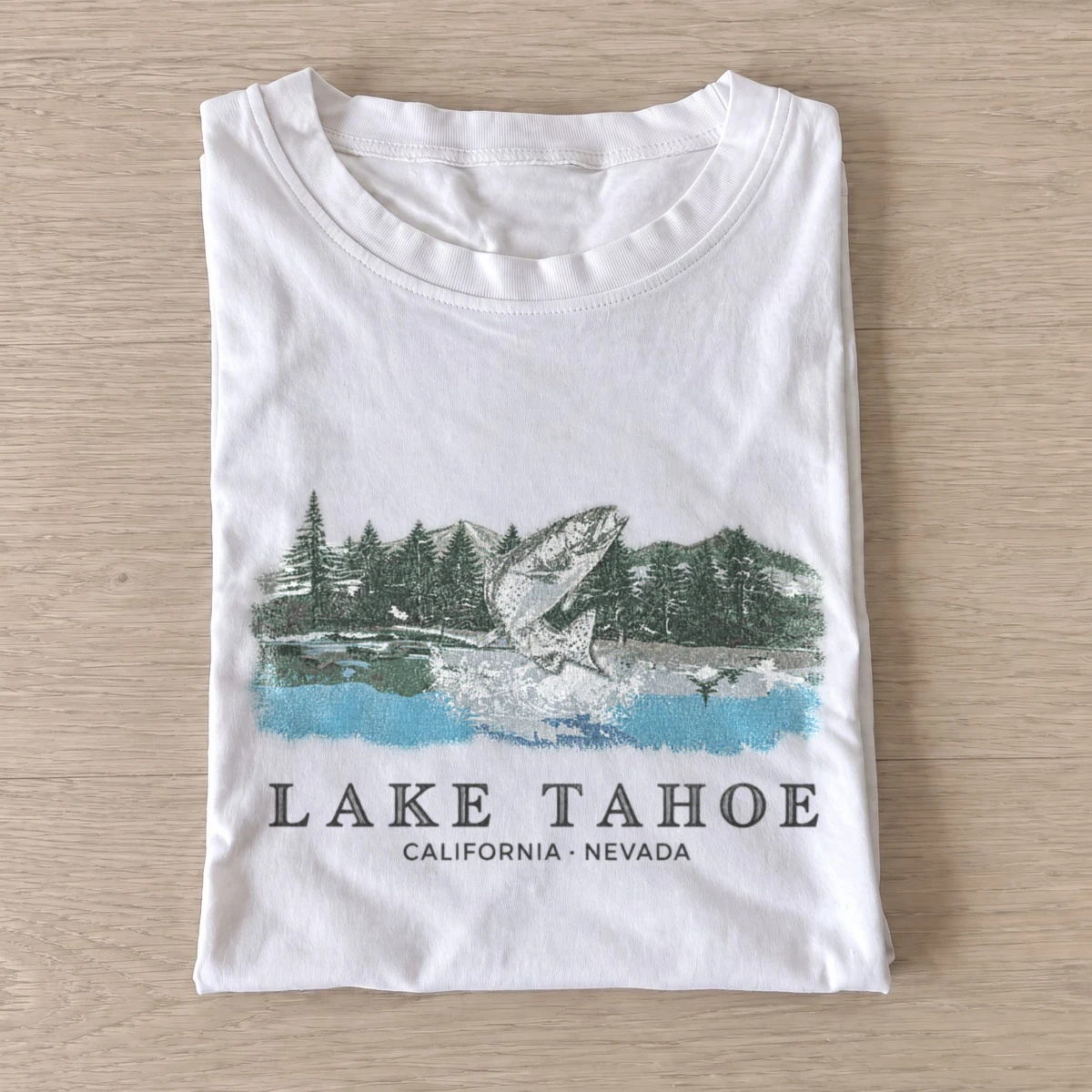 Lake tahoe jumping fish graphic t shirt white20lake tahoe fish.webp