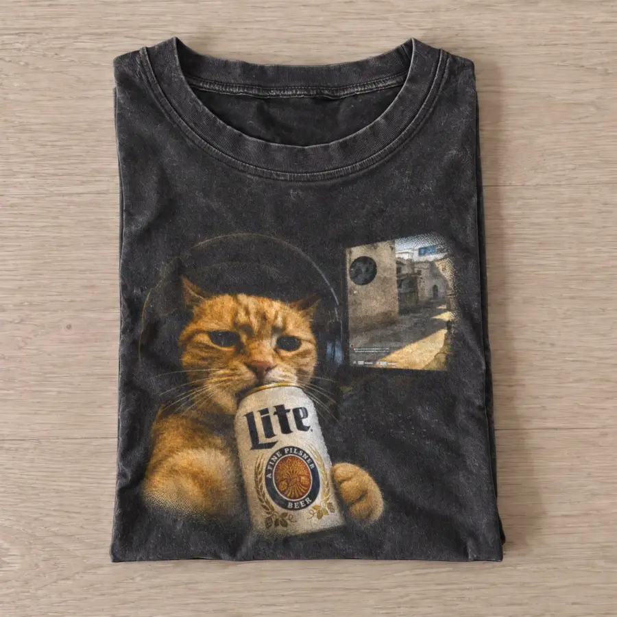 Lite Night Gamer Cat Vintage Graphic T-Shirt — graphic design