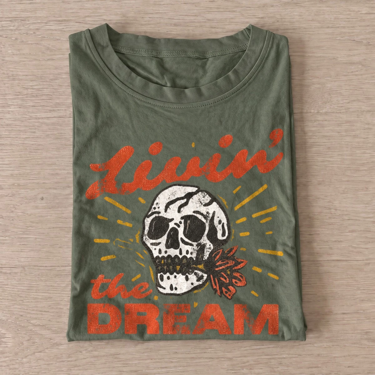 Livin the dream skull t shirt olive20living the dream.webp