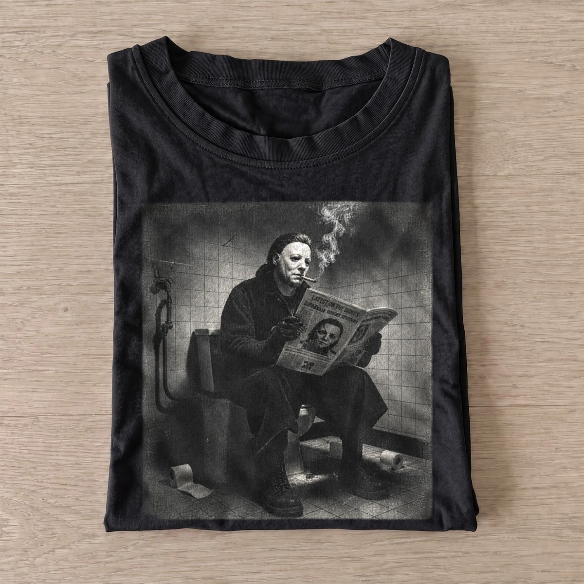 Masked killer reading newspaper t shirt black20masked killer reading.webp