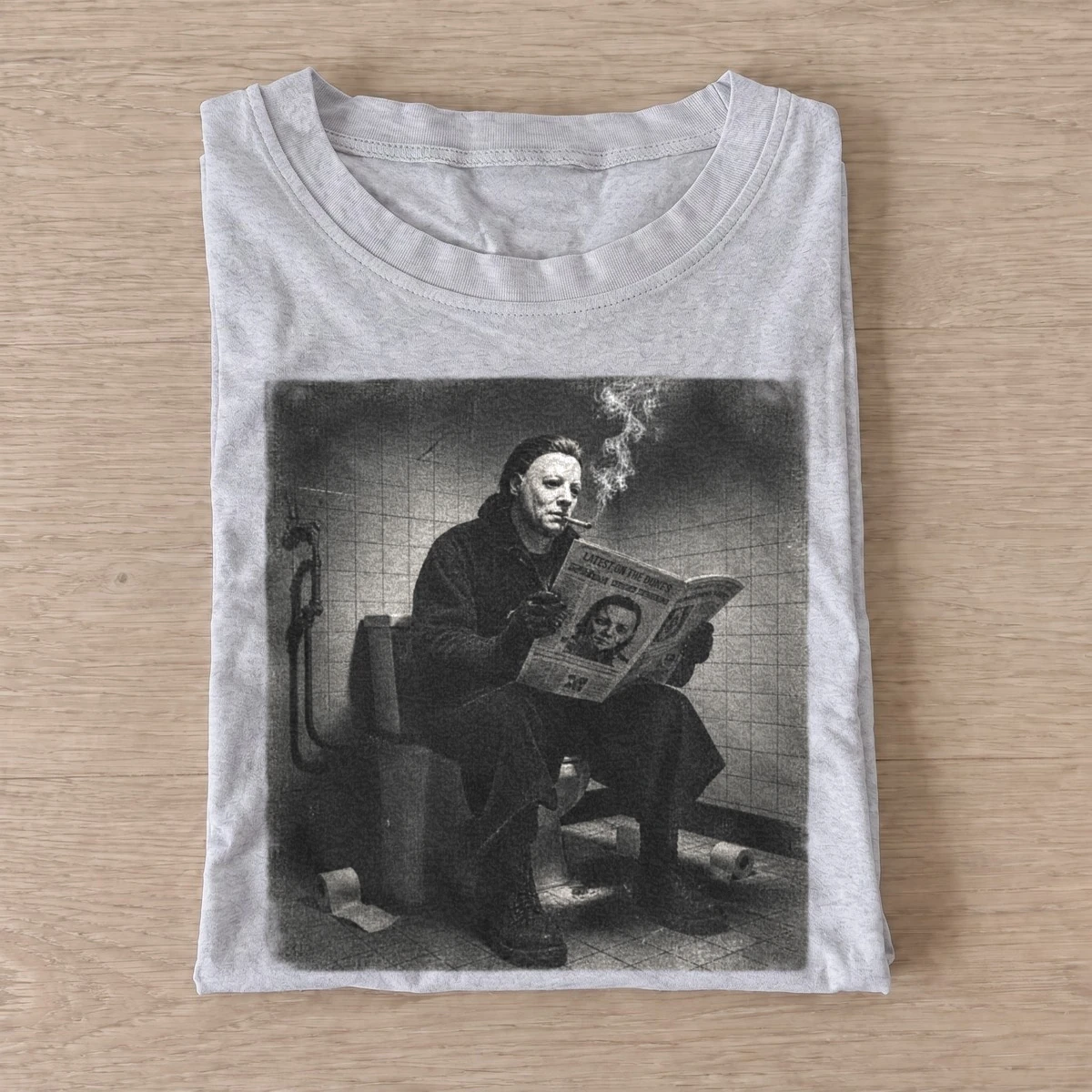 Masked killer reading newspaper t shirt gray20masked killer reading.webp