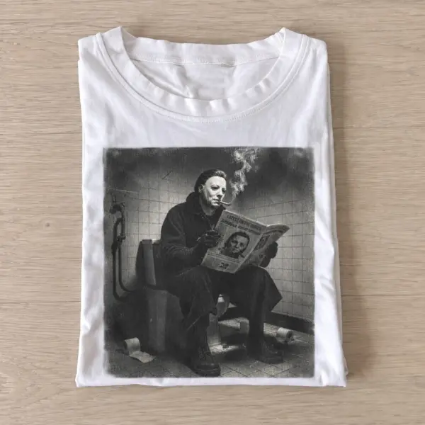 Masked killer reading newspaper t shirt white20masked killer reading.webp