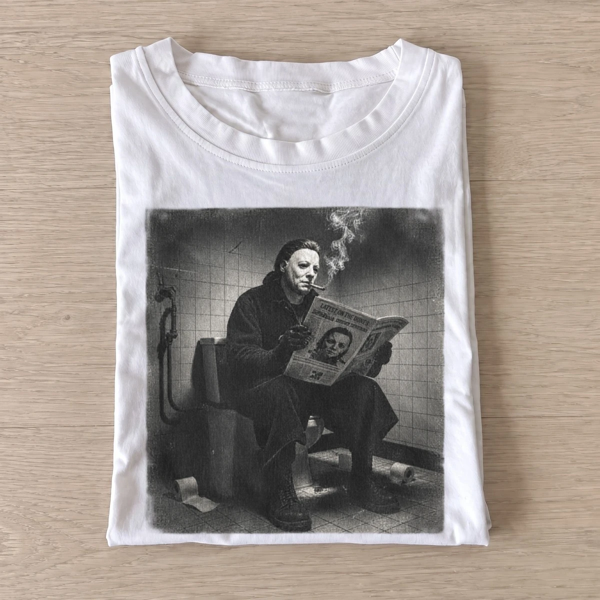 Masked killer reading newspaper t shirt white20masked killer reading.webp