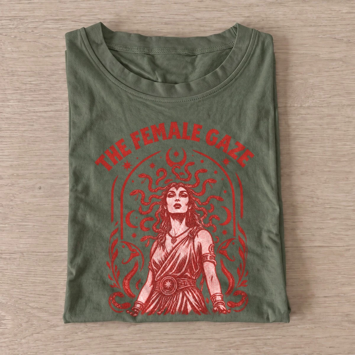 Medusa the female gaze t shirt olive20medusa female gaze.webp