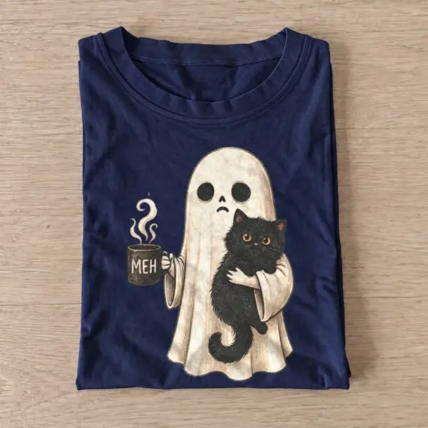 Meh ghost and black cat t shirt navy20meh ghost cat.webp