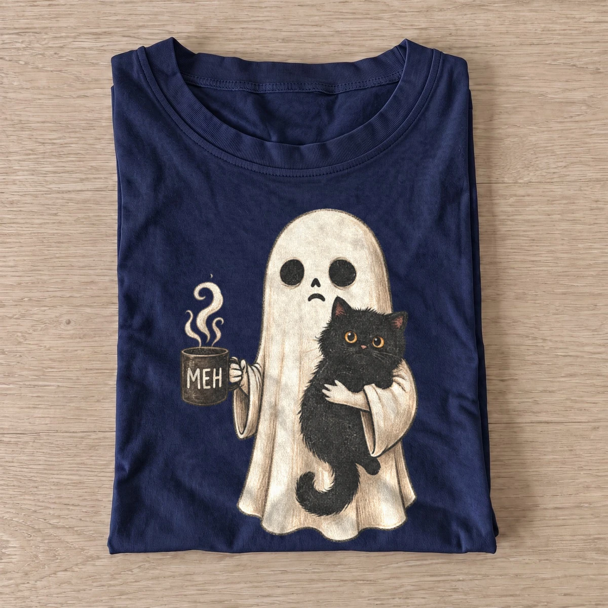 Meh ghost and black cat t shirt navy20meh ghost cat.webp