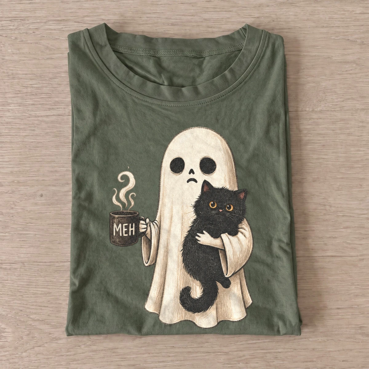 Meh ghost and black cat t shirt olive20meh ghost cat.webp