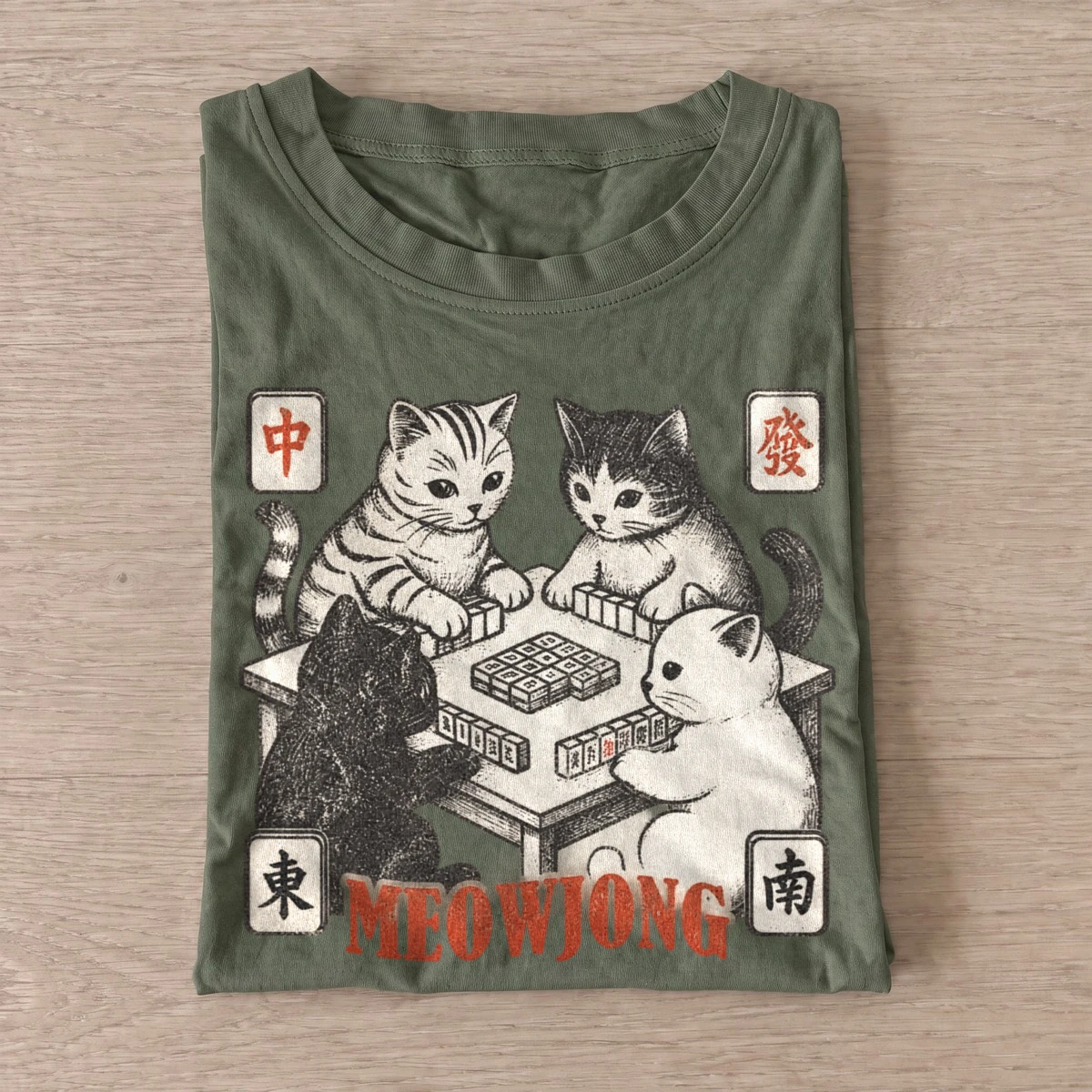Meowjong cats playing mahjong t shirt olive20meowjong.webp