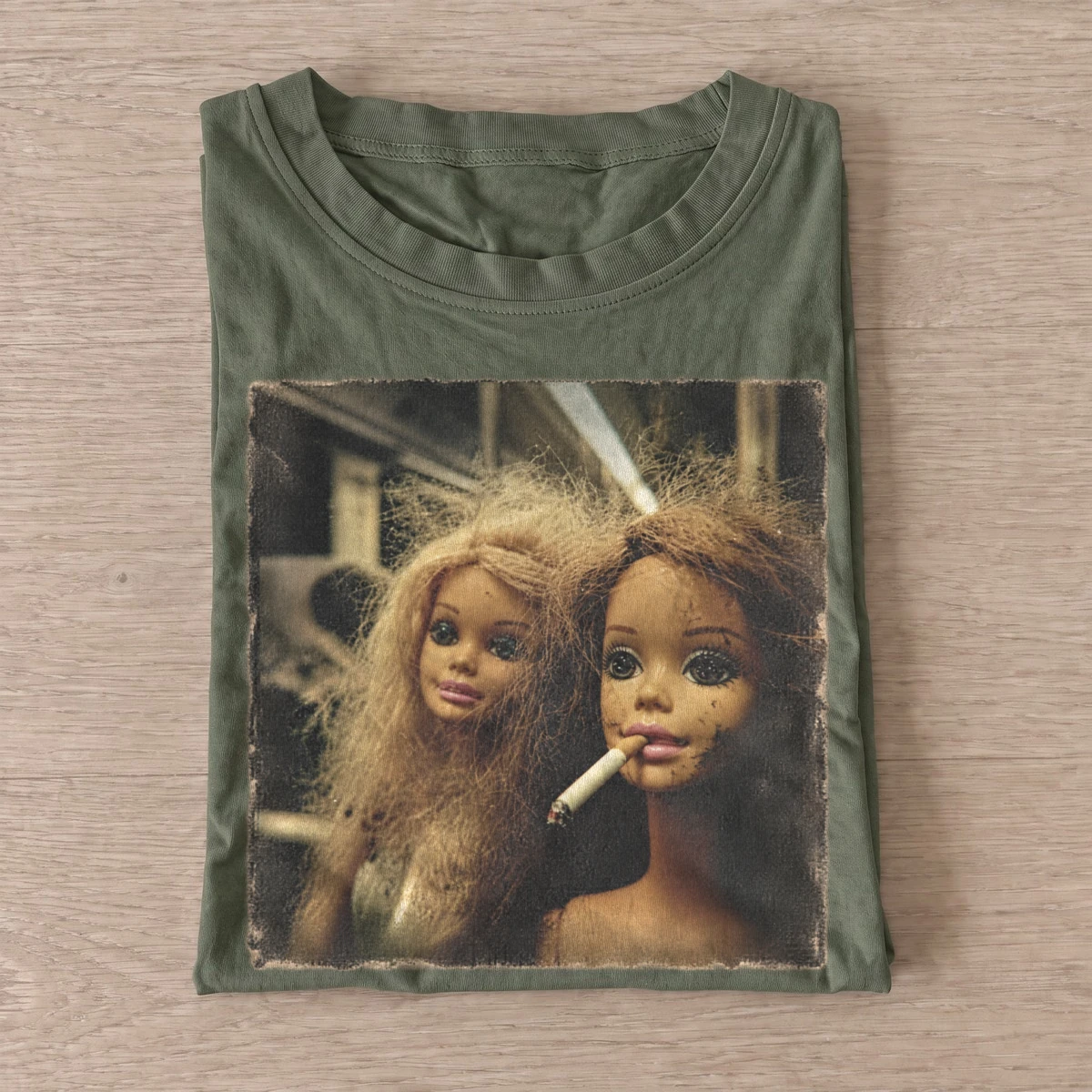 Messy haired doll duo t shirt olive20messy haired doll duo.webp