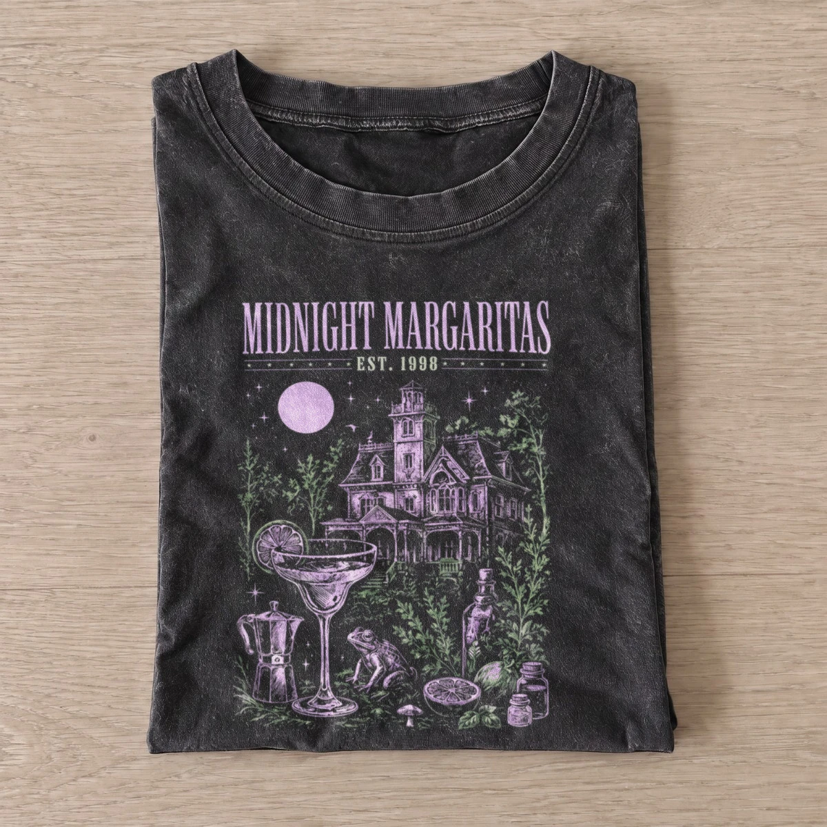 Midnight Margaritas Haunted House Vintage Graphic T-Shirt — graphic design