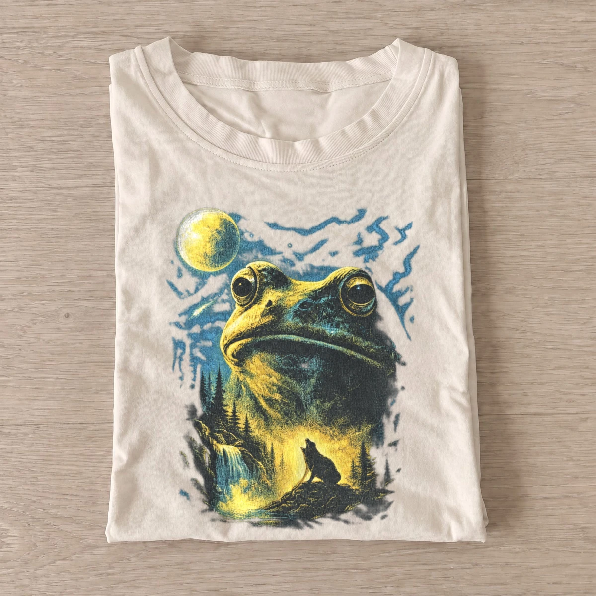 Moonlit frog and wolf graphic t shirt sand20moonlit frog wolf.webp