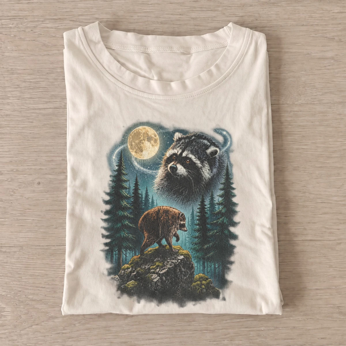 Moonlit raccoon and bear forest t shirt sand20moonlit raccoon bear.webp