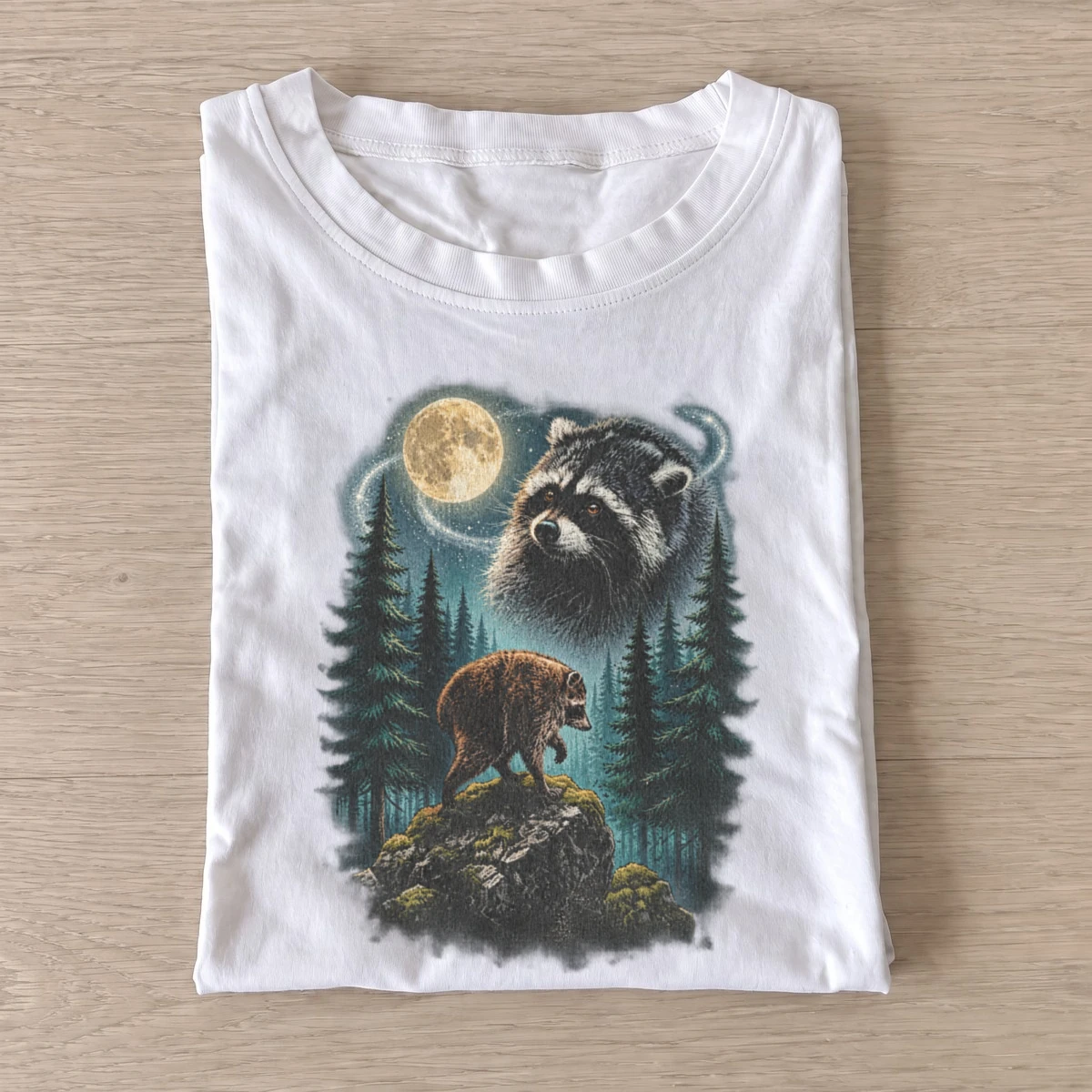Moonlit raccoon and bear forest t shirt white20moonlit raccoon bear.webp