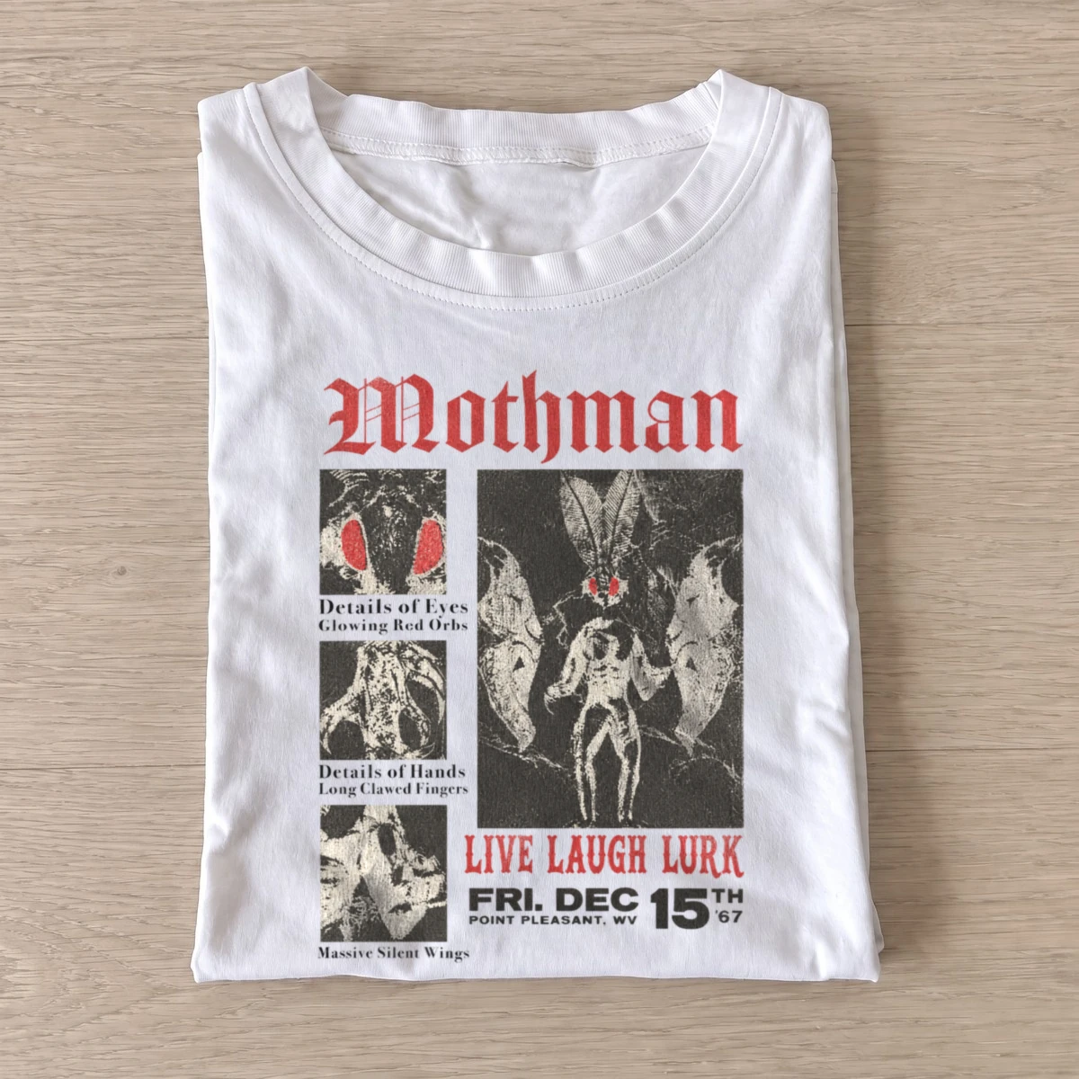 Mothman live laugh lurk graphic t shirt white20live laugh lurk.webp