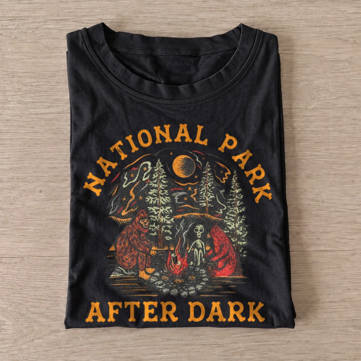 National park after dark bigfoot campfire t shirt black20parks after dark.webp