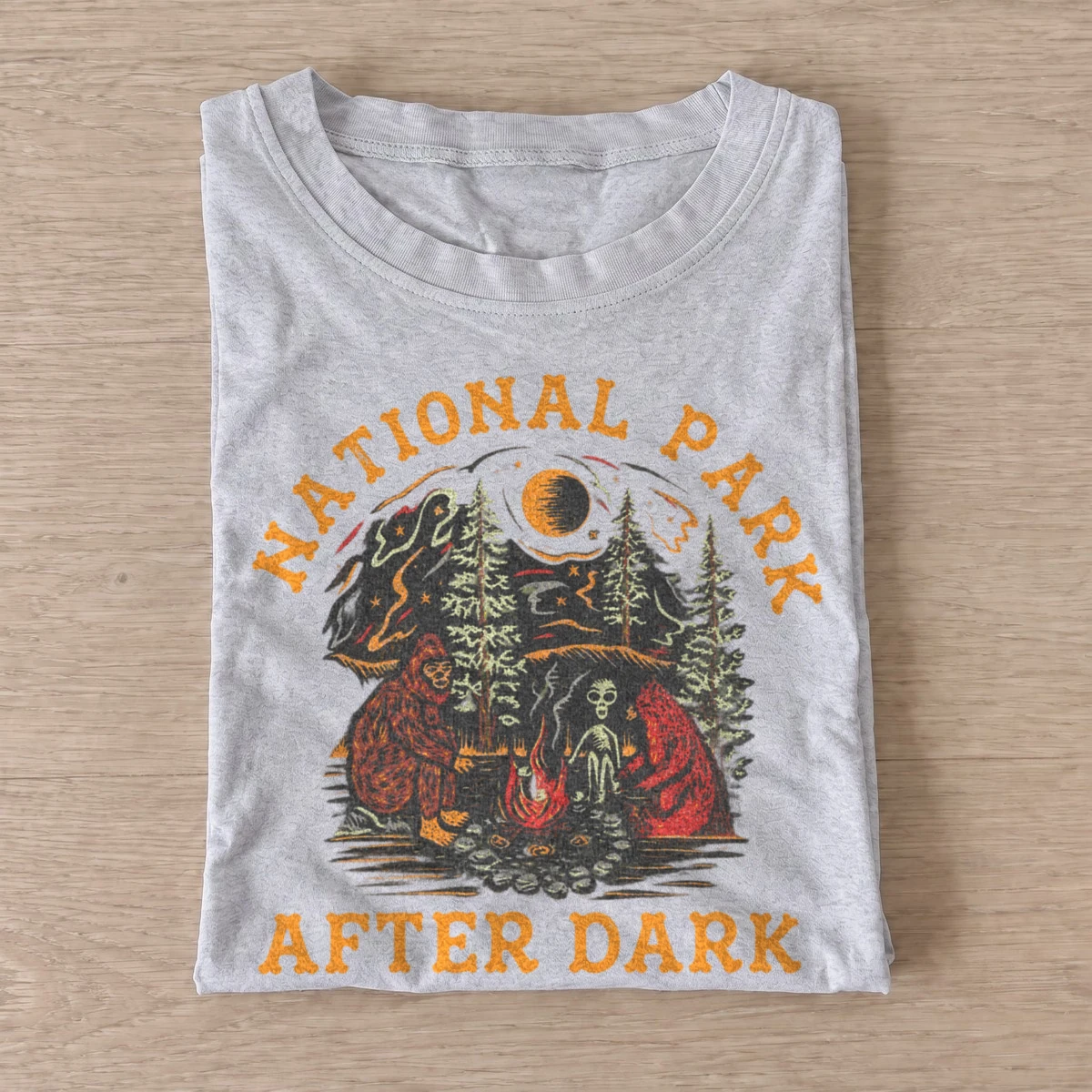 National park after dark bigfoot campfire t shirt gray20parks after dark.webp
