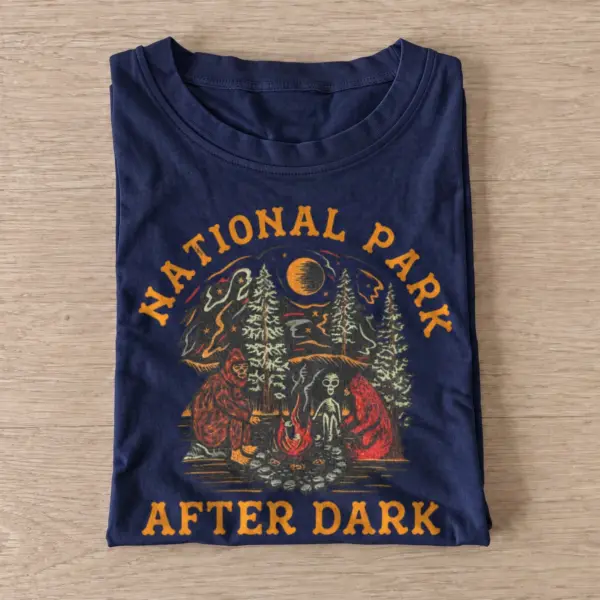 National park after dark bigfoot campfire t shirt navy20parks after dark.webp