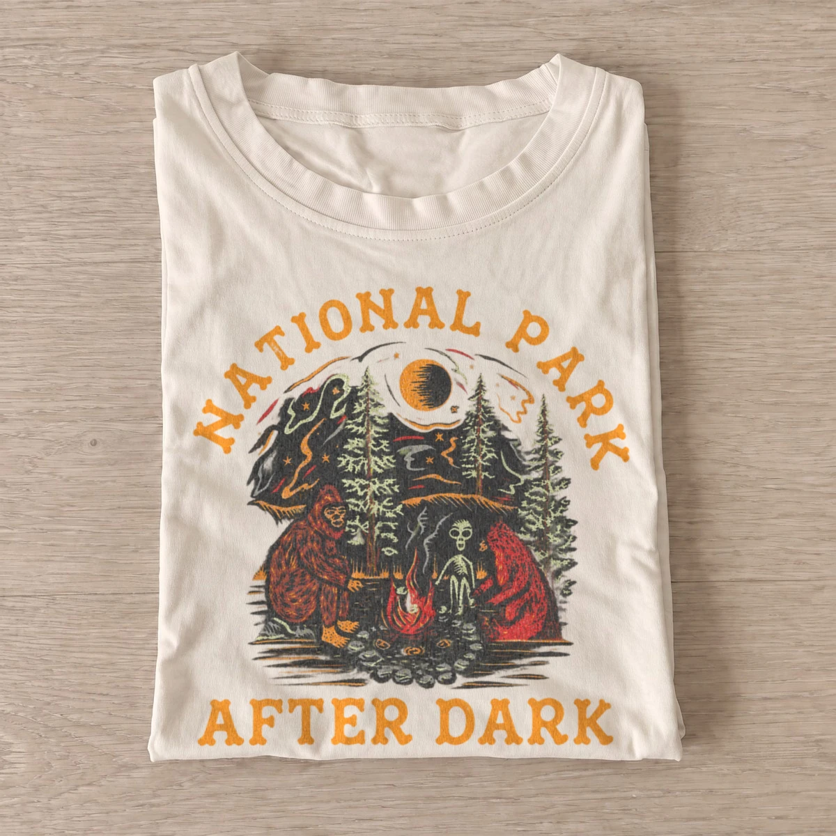 National park after dark bigfoot campfire t shirt sand20parks after dark.webp