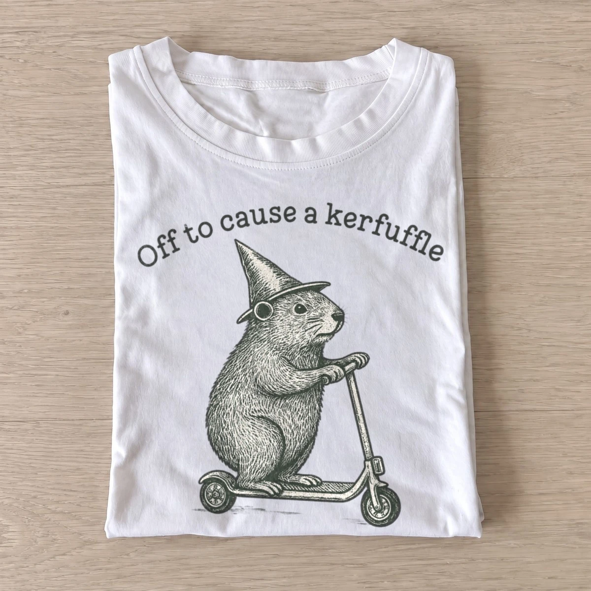 Off to cause a kerfuffle capybara scooter t shirt white20kerfuffle scooter capybara.webp