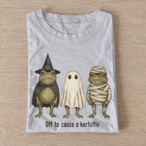 Off to cause a kerfuffle halloween frog trio t shirt gray20kerfuffle halloween trio.webp