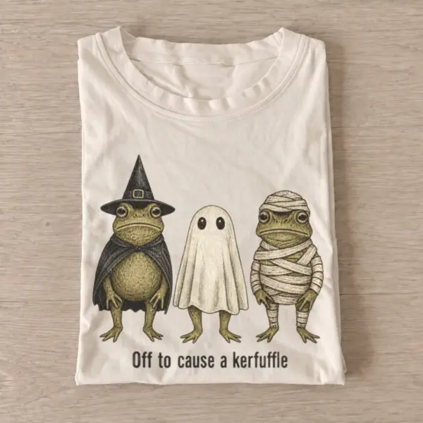 Off to cause a kerfuffle halloween frog trio t shirt sand20kerfuffle halloween trio.webp