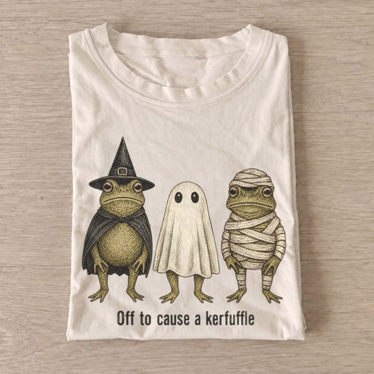 Off to cause a kerfuffle halloween frog trio t shirt sand20kerfuffle halloween trio.webp