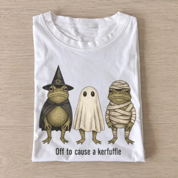 Off to cause a kerfuffle halloween frog trio t shirt white20kerfuffle halloween trio.webp