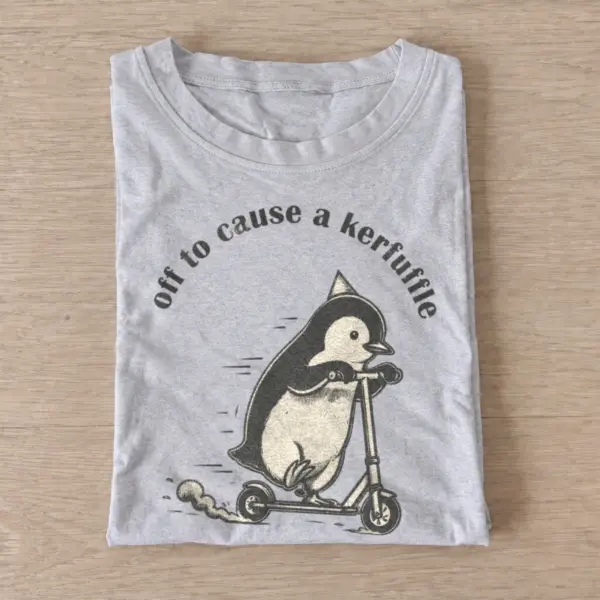 Off to cause a kerfuffle scooter penguin t shirt gray20kerfuffle scooter penguin.webp