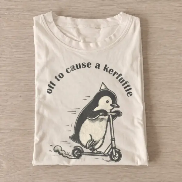 Off to cause a kerfuffle scooter penguin t shirt sand20kerfuffle scooter penguin.webp