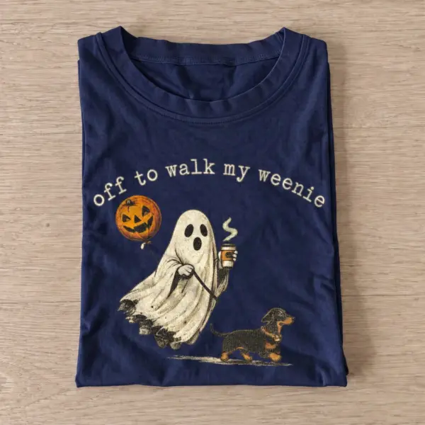 Off to walk my weenie ghost dachshund t shirt navy20ghost dachshund walk.webp