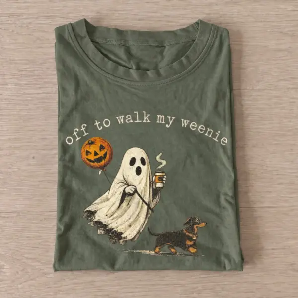 Off to walk my weenie ghost dachshund t shirt olive20ghost dachshund walk.webp