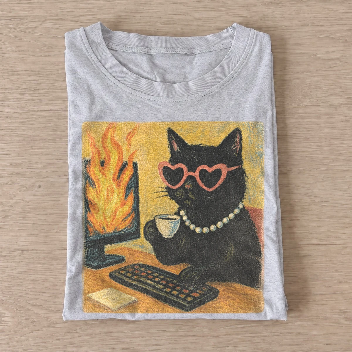 Office fire black cat t shirt gray20office fire cat.webp