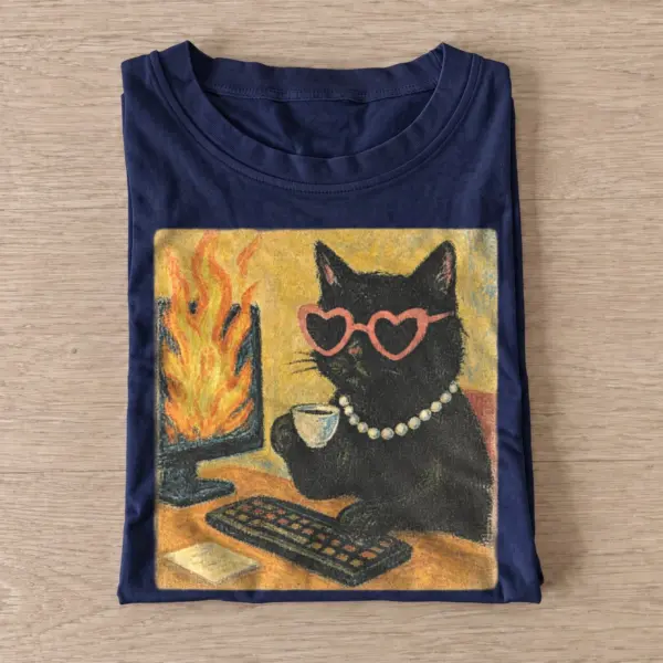 Office fire black cat t shirt navy20office fire cat.webp