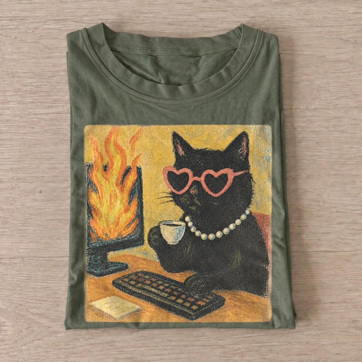 Office fire black cat t shirt olive20office fire cat.webp