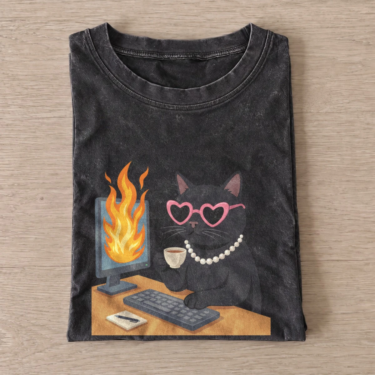 Office fire cat vintage t shirt washed20black20office fire cat.webp