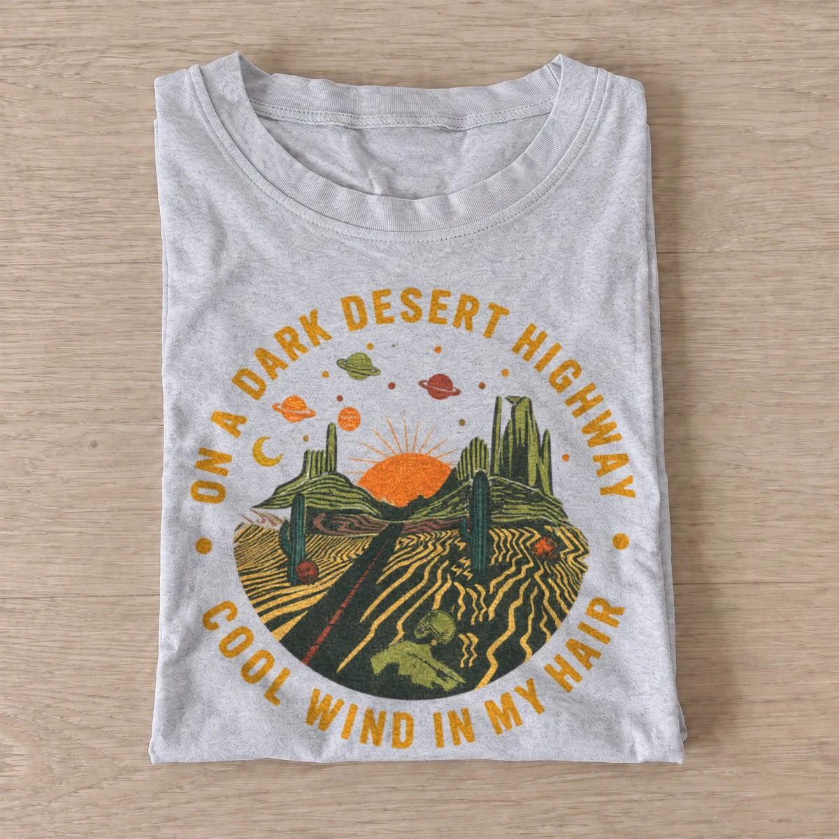 On a dark desert highway graphic t shirt gray20desert highway.webp